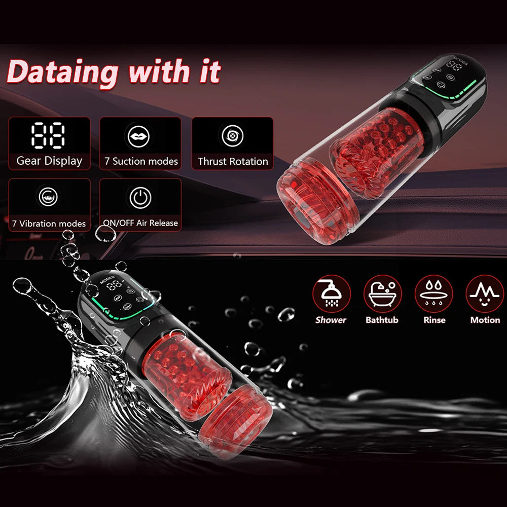 Automatic male Masturbator Pocket Cat 7 push Rotary vibration Suck Lick Stroking vacuum pump and LCD Screen Penis pump Adult toy