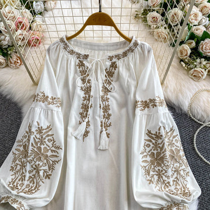 Bohemian Vacation Style Women's Shirt round Neck Lantern Sleeve Embroidery Heavy Work Autumn Design Sense Knot Design Top