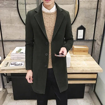 Mens Long Cotton Coat spring autumn New Wool Blend Pure Color Slim Casual Business Fashion Mens Clothing Slim Windbreaker Jacket