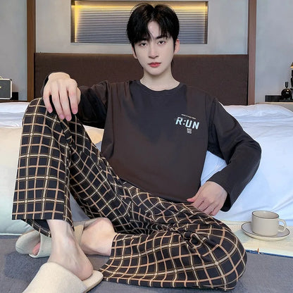 Men‘s Pajama Set Long Sleeve Black Striped Fall and Winter Youth Student Nightwear Loungewear Two Piece Set Sleepwear Homewear