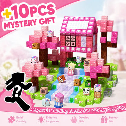 Magnetic Building Blocks Magnet World Pink Blossom with 10 Mystery Gift Brick Cube STEM Toy Set Best Gift for Boy Girl Children