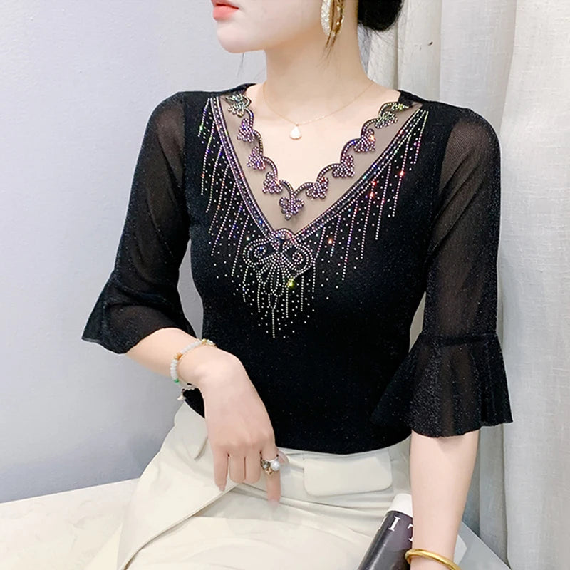 2026 Spring Summer Mesh Tops Korean Fashion Diamond T Shirt Slim 3/4 Sleeve Hollow Out Casual Women Shirt