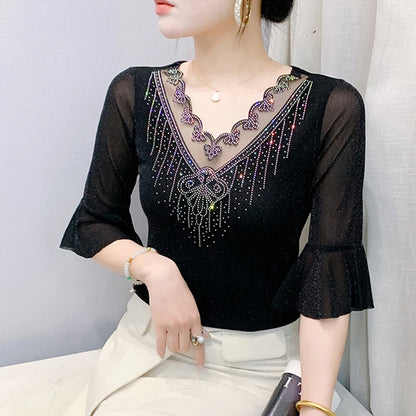 2026 Spring Summer Mesh Tops Korean Fashion Diamond T Shirt Slim 3/4 Sleeve Hollow Out Casual Women Shirt