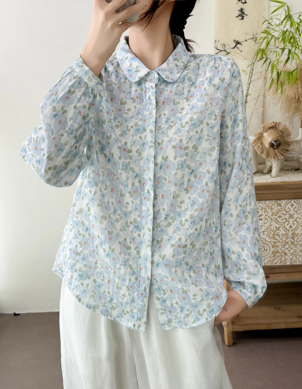New Autumn women's clothing 100% cotton yarn rustic blue flower print shirts and blouses for women long sleeve shirts