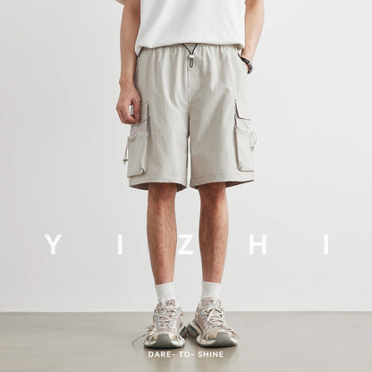 2026 Summer Solid Cargo Shorts Men Quick Dry Lightweight Breathable Multi-Pocket Drawstring Straight Leg Short Pants