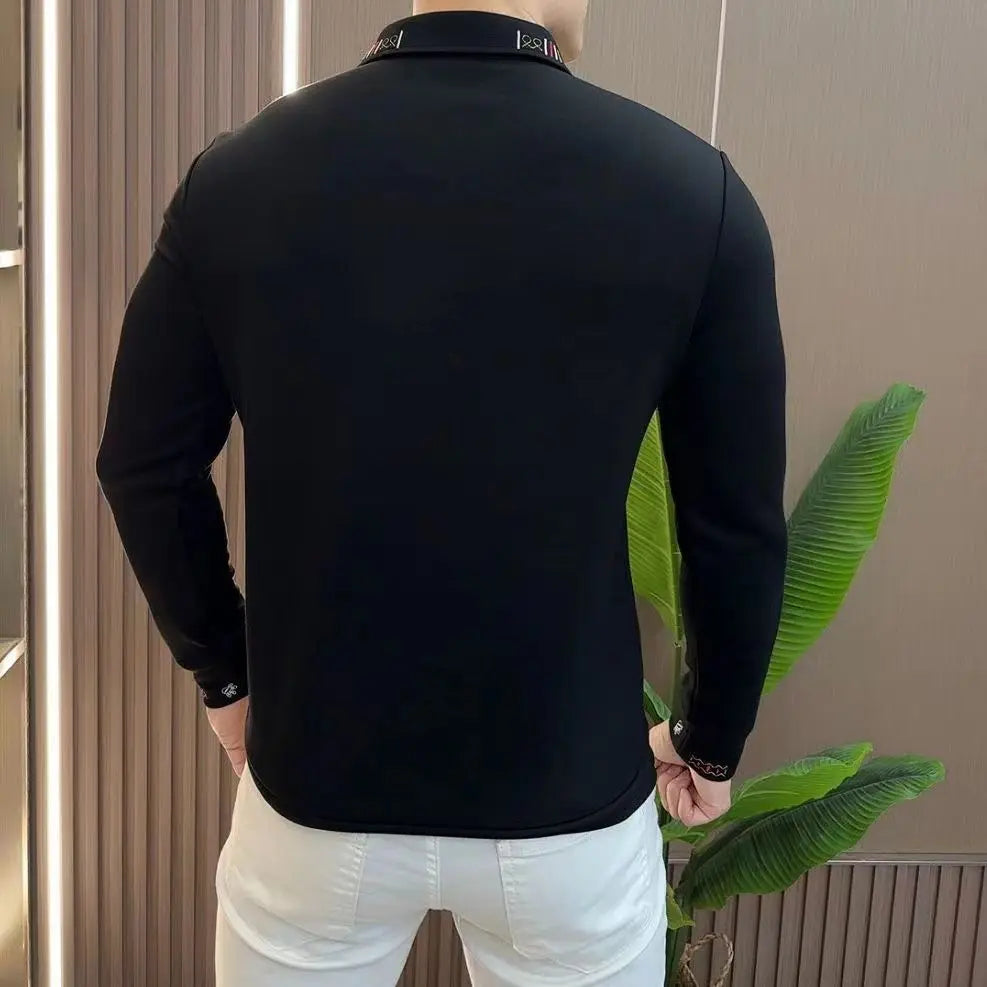 Men’s Casual Long Sleeve Polo Shirt Slim Fit with Embroidery Autumn Turn Down Collar Top Versatile Daily Outfit