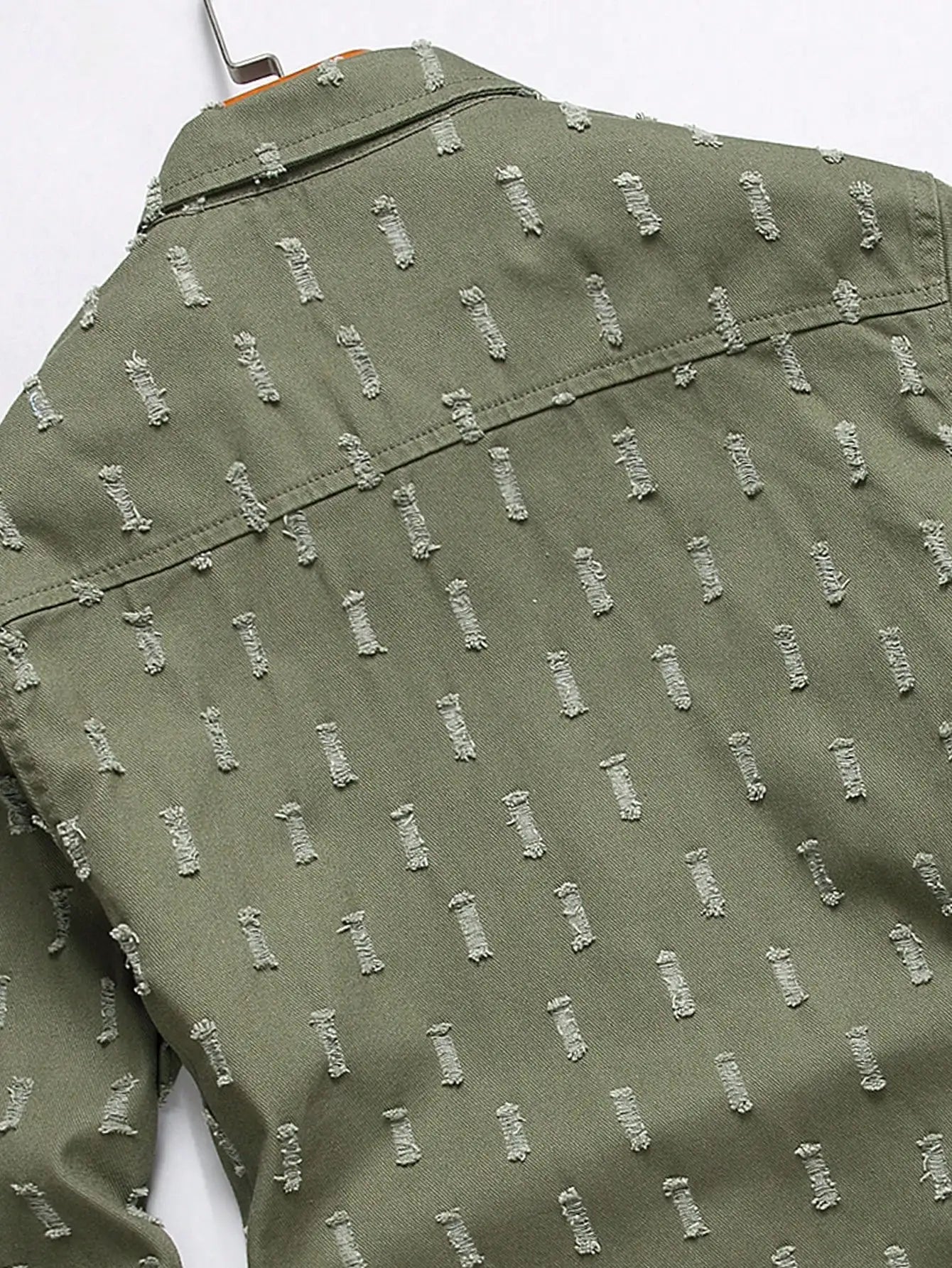 Men's Army Green Textured Ripped Long-Sleeve Denim Shirt, Vintage Casual Lapel Workwear Shirt with Chest Pocket