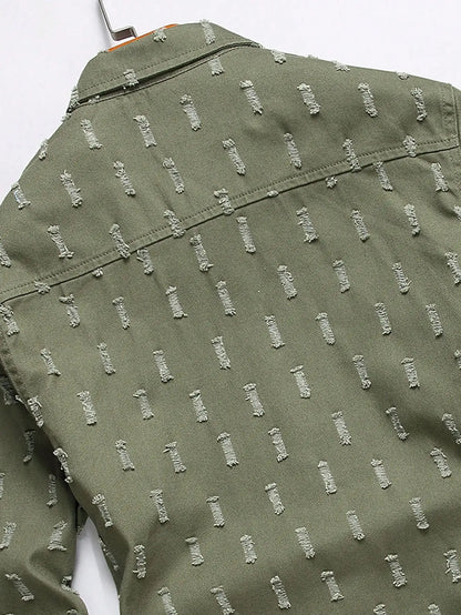 Men's Army Green Textured Ripped Long-Sleeve Denim Shirt, Vintage Casual Lapel Workwear Shirt with Chest Pocket