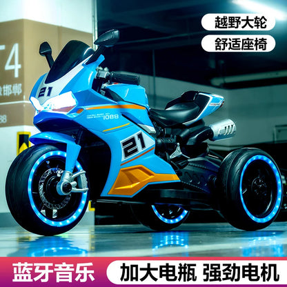 Kids 3 Wheel Electric Motorcycle Ride On Toy Car Rechargeable Dual Drive Remote Control with LED Lights Music for Baby Toddler