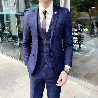 2023 Men's British Fashion Three-piece Set Slim Fit Suit Vest Trousers Ensemble Handsome Trendy All-in-one Banquet Blaze