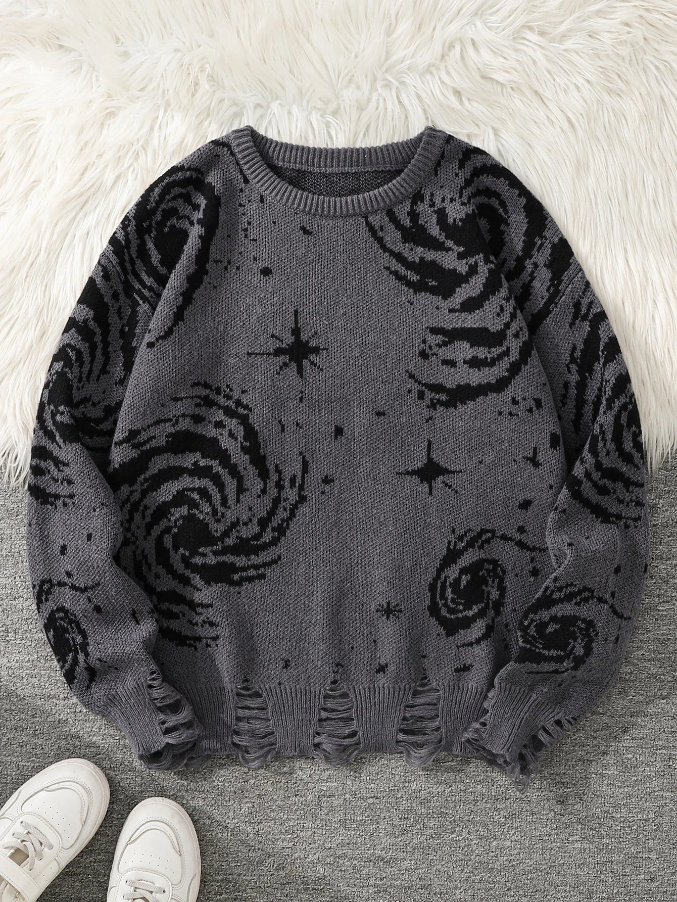 Men's Autumn and Winter Street Style Ripped Abstract Starry Sky Pattern Pullover Sweater, Casual Crew Neck Knit Men's Pullover, Regular Fit, Suitable for Autumn and Winter Seasons