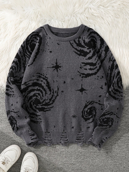 Men's Autumn and Winter Street Style Ripped Abstract Starry Sky Pattern Pullover Sweater, Casual Crew Neck Knit Men's Pullover, Regular Fit, Suitable for Autumn and Winter Seasons