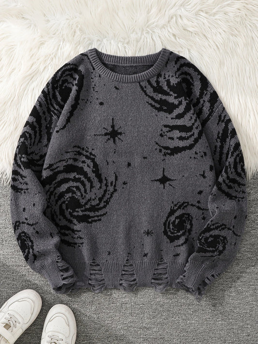 Men's Autumn and Winter Street Style Ripped Abstract Starry Sky Pattern Pullover Sweater, Casual Crew Neck Knit Men's Pullover, Regular Fit, Suitable for Autumn and Winter Seasons