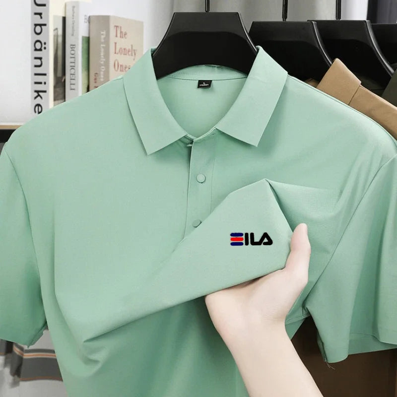 High end ice silk short sleeved men's polo shirt brand printed top summer new comfortable and breathable business casual T-shirt