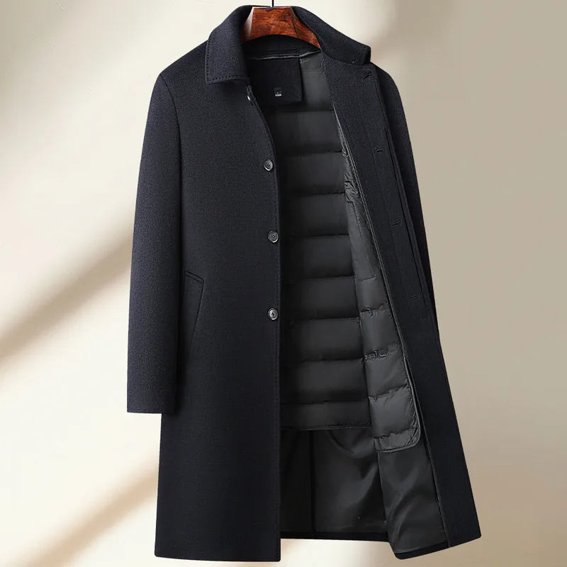 High Quality Men's Long-Length Duck Down Liner Woolen Coat Business Casual Windbreaker Puffer Jacket Solid 50% Wool Top Overcoat