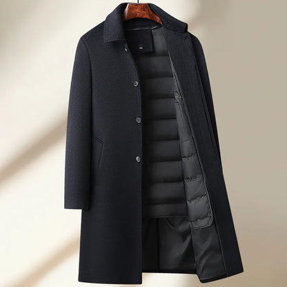 High Quality Men's Long-Length Duck Down Liner Woolen Coat Business Casual Windbreaker Puffer Jacket Solid 50% Wool Top Overcoat