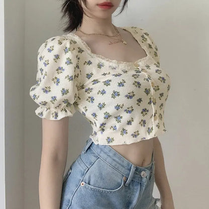 Floral Print Square Neck Short Sleeve Slim Fit T-Shirt Women's Summer 2026 New Bubble Sleeve Belly Baring Trendy Top