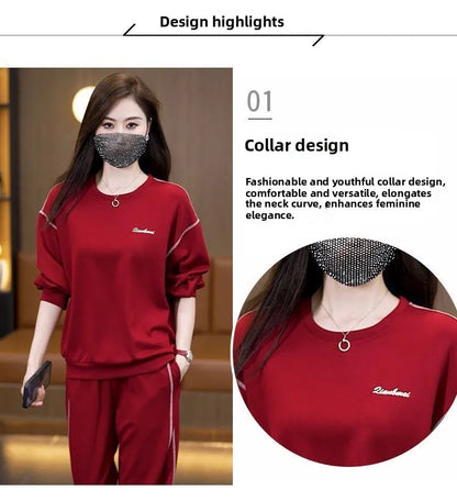 Ladies Large Size Cotton Embroidered Sportswear Set Casual Long Pants Two-Piece Fashionable Outfit for plus Size Women