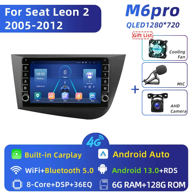 Jundof 2 Din Android 12 For Seat Leon 2 MK2 2005-2012 Car Radio Multimedia Video Player Carplay Stereo Autoradio DVD IPS Screen