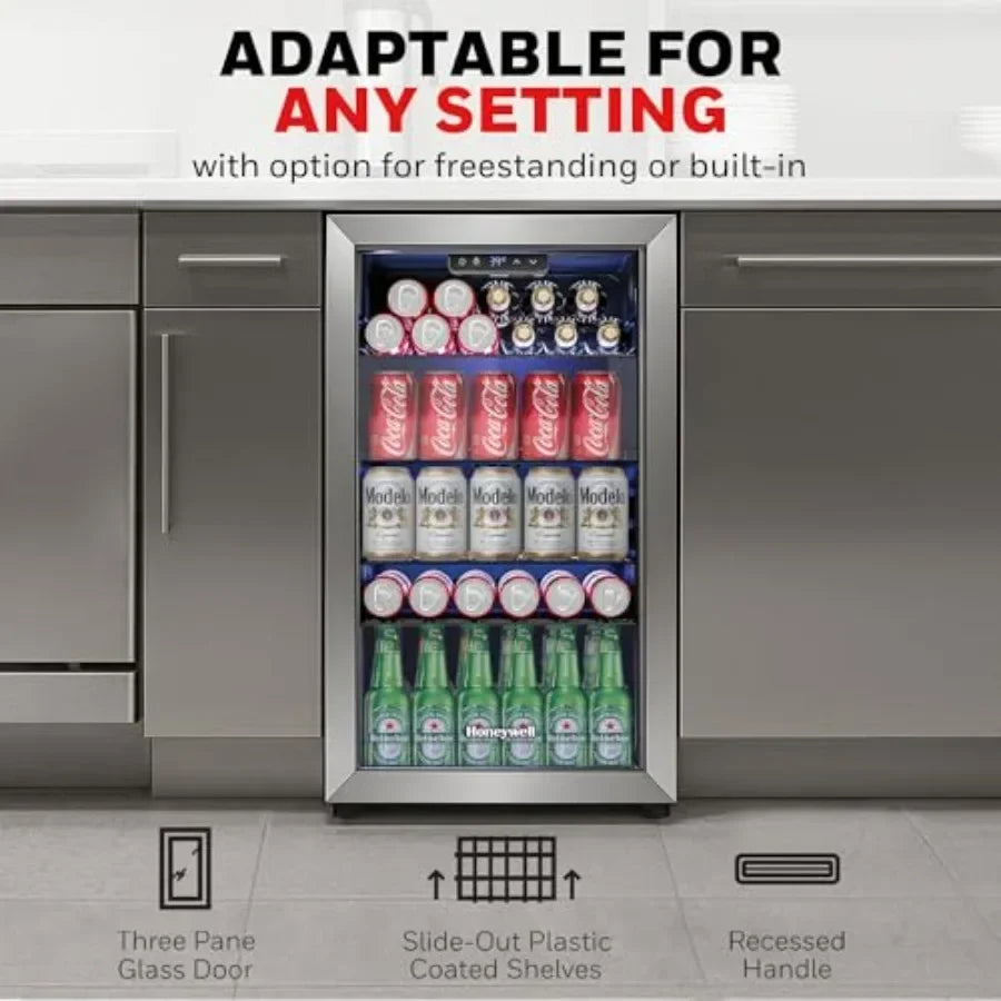 Beverage Refrigerator and Cooler, Mini Fridge with Glass Door for Soda Beer or Wine in Office or Bar Use, Stainless Steel, Blac