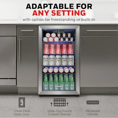Beverage Refrigerator and Cooler, Mini Fridge with Glass Door for Soda Beer or Wine in Office or Bar Use, Stainless Steel, Blac