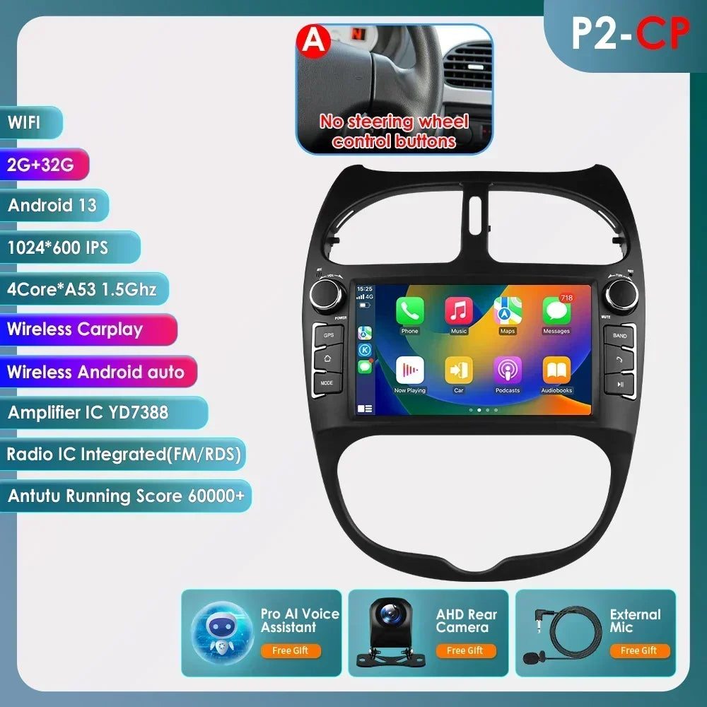 Android 14 Car radio for PEUGEOT 206 206CC 206SW 2000-2005 2006 2007 2008 Multimedia player GPS navi Video 7862 2din Autoradio
