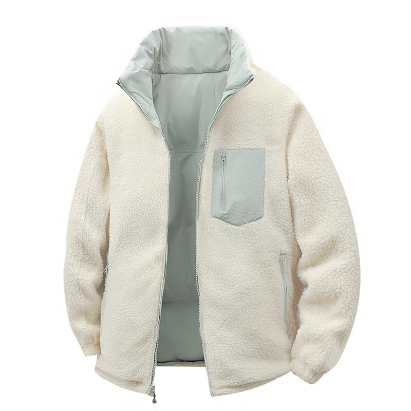 Outdoor Double-sided Lambskin Cotton-padded Jacket for Men, Winter Cotton-padded Jacket with Thickened Down and Lambskin Down