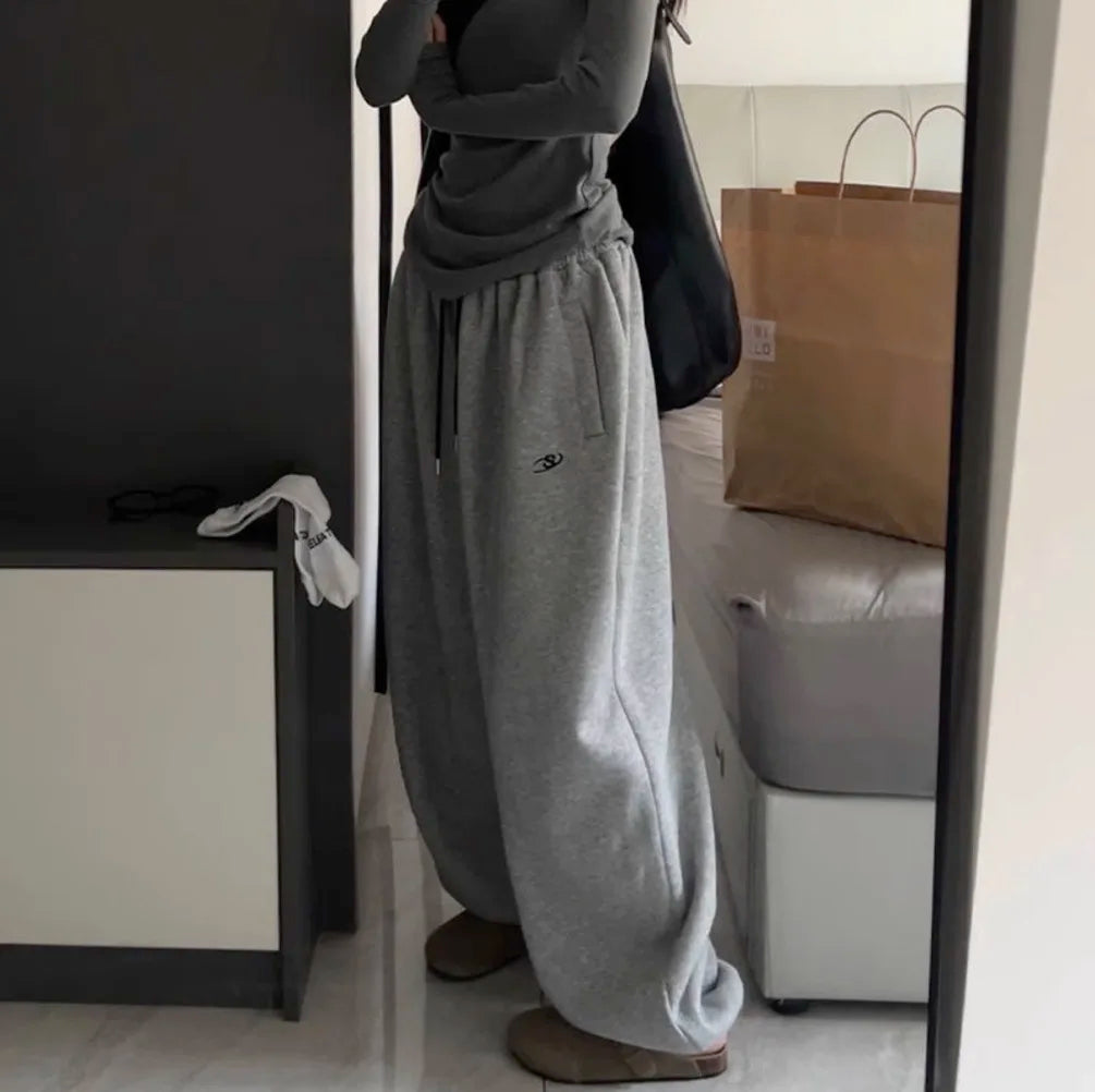 Thickened Fleece Loose Fit Sweatpants Youthful Vitality Style Pure Color Cuffed Casual Pants Spring Autumn Loose Trousers