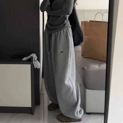 Thickened Fleece Loose Fit Sweatpants Youthful Vitality Style Pure Color Cuffed Casual Pants Spring Autumn Loose Trousers