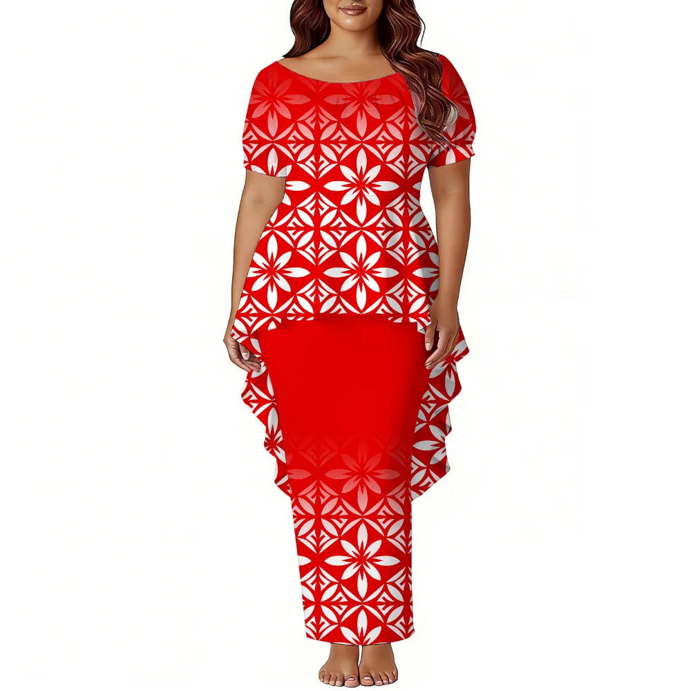 Polynesian Island-Style Women'S Short-Sleeved Puletasi Floral Print Dress Samoan Party Style Evening Dress