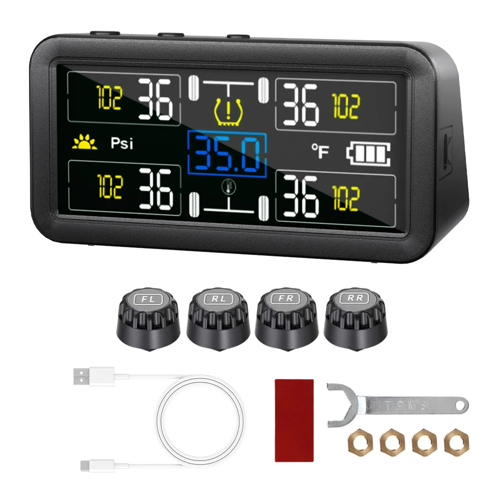0~9.9Bar Truck RV 4/6 External Sensors Car Tire Pressure Alarm Digital LCD Display Solar TPMS Waterproof