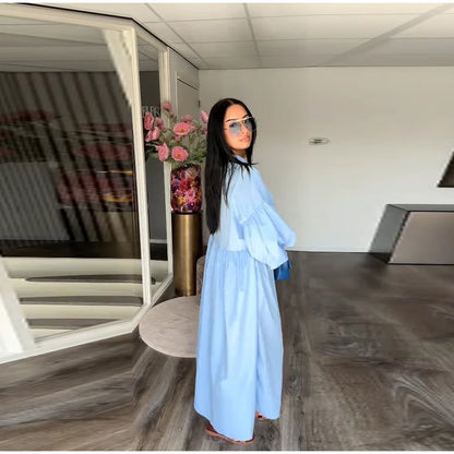 Casual Long Dress Women Solid Loose O Neck Single Breasted Full Lantern Sleeve High Waist Robe 2026 Spring Fashion Dresses Lady