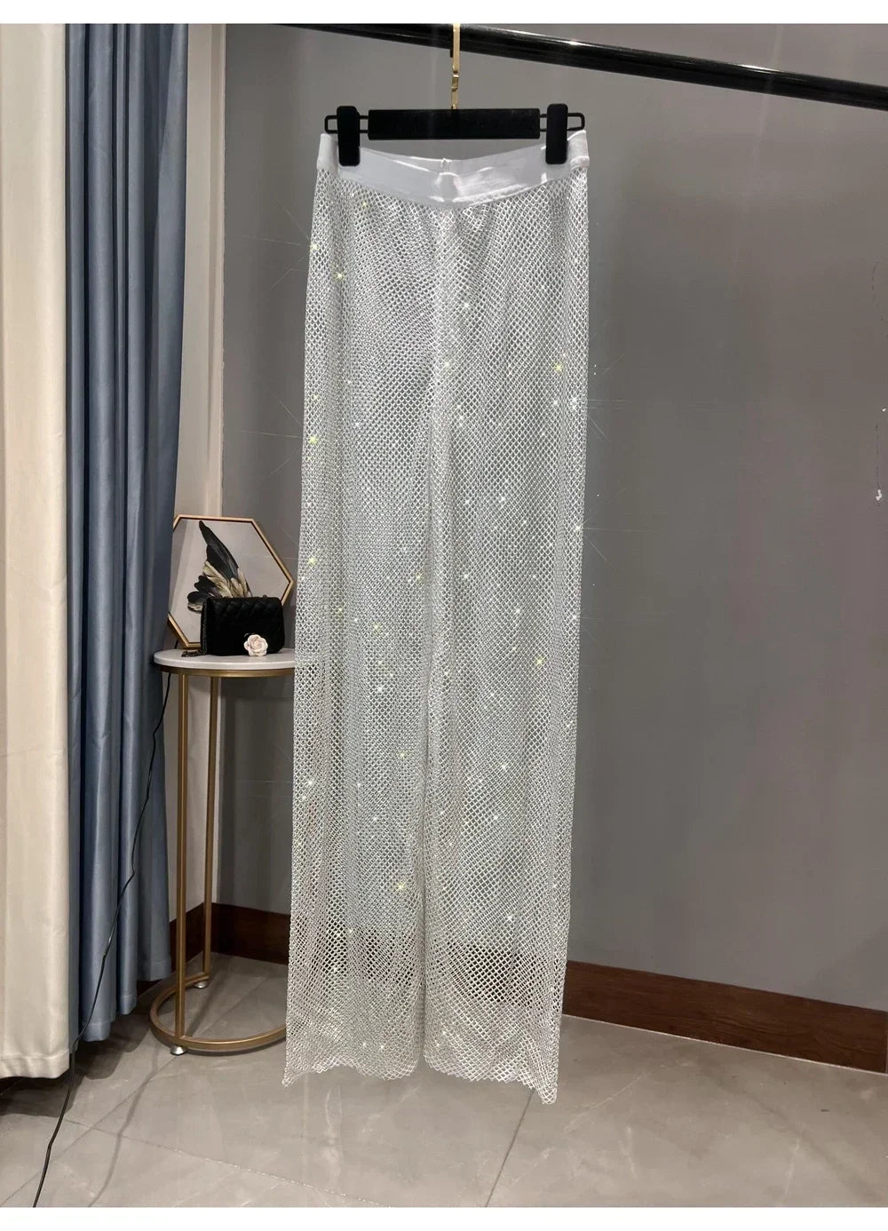 Black Trousers Y2k Pants Club Party Women's Sexy Cutout AB Color Diamond Sparkling Mesh Leggings Slim Fit Diamond Trousers