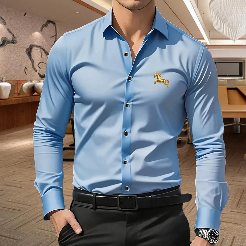 Men's Premium Business Casual Shirt MILANO Logo Print Slim Fit Long Sleeve Wrinkle Resistant Dress Shirt Multi Styles Available