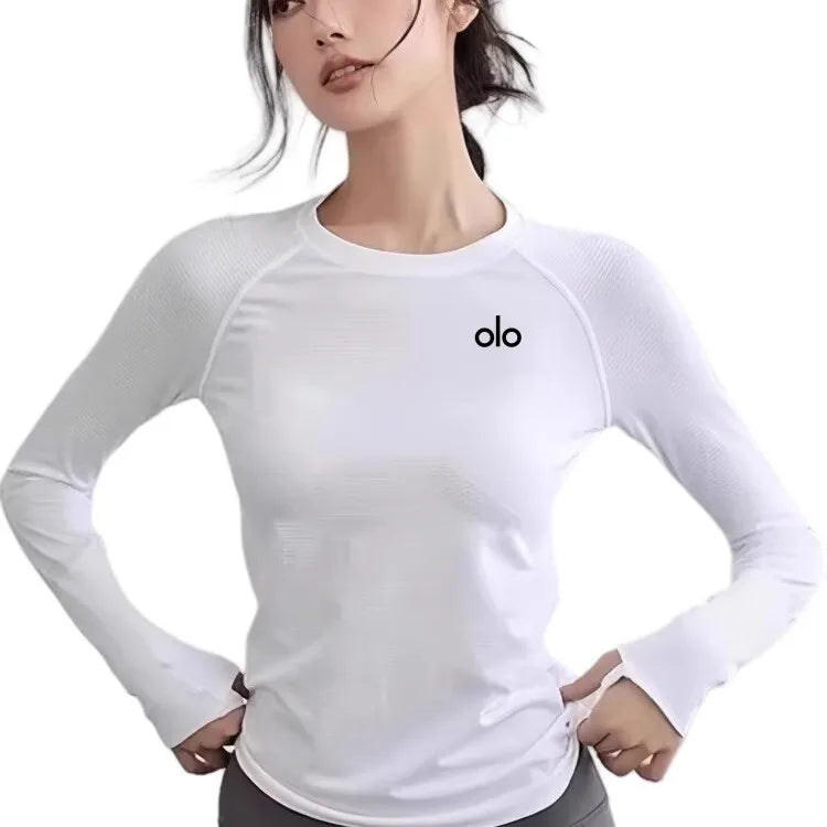 ALOUSIV New Long Sleeve round Neck Fitness Clothes Women Summer Running Pilates Training Top Yoga T-Shirt Breathable Nylon