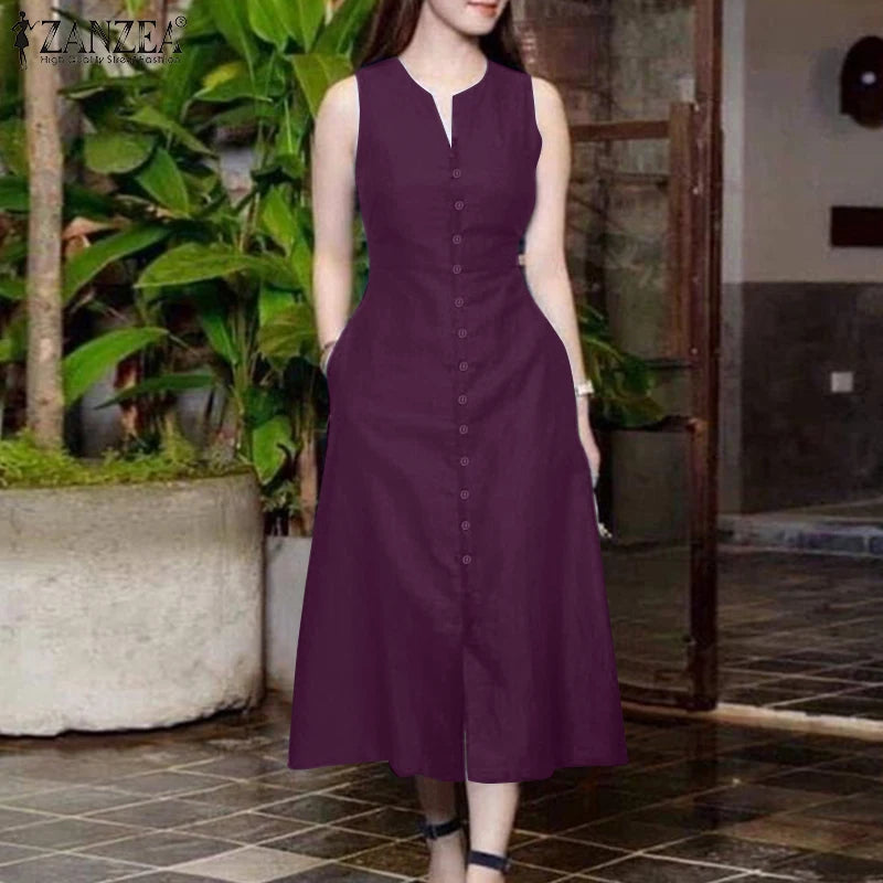 ZANZEA 2025 Summer Sundress Women Stylish Solid Party Holiday Vestidos Elegant V Neck Sleeveless Midi Dress Robe Femme Kaftan