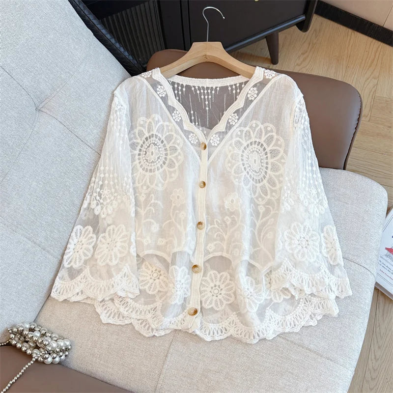 Elegant Embroidered Lace Shirt Women's Spring Summer plus Size Hollow out Button up Top French Style Straight Cut Thin Fabric