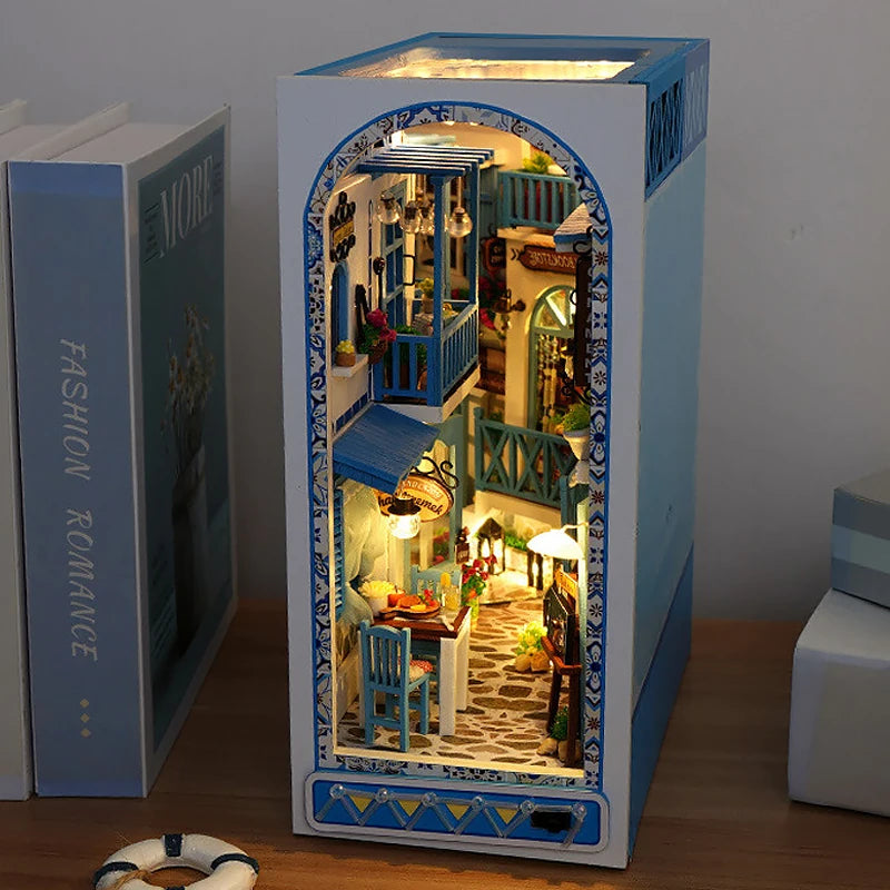 DIY Book Nook Kit Bookend Kit Wooden Doll House Bookshelf Insert Decor With Warm Light 3D Puzzle Assembly Building Model Gifts