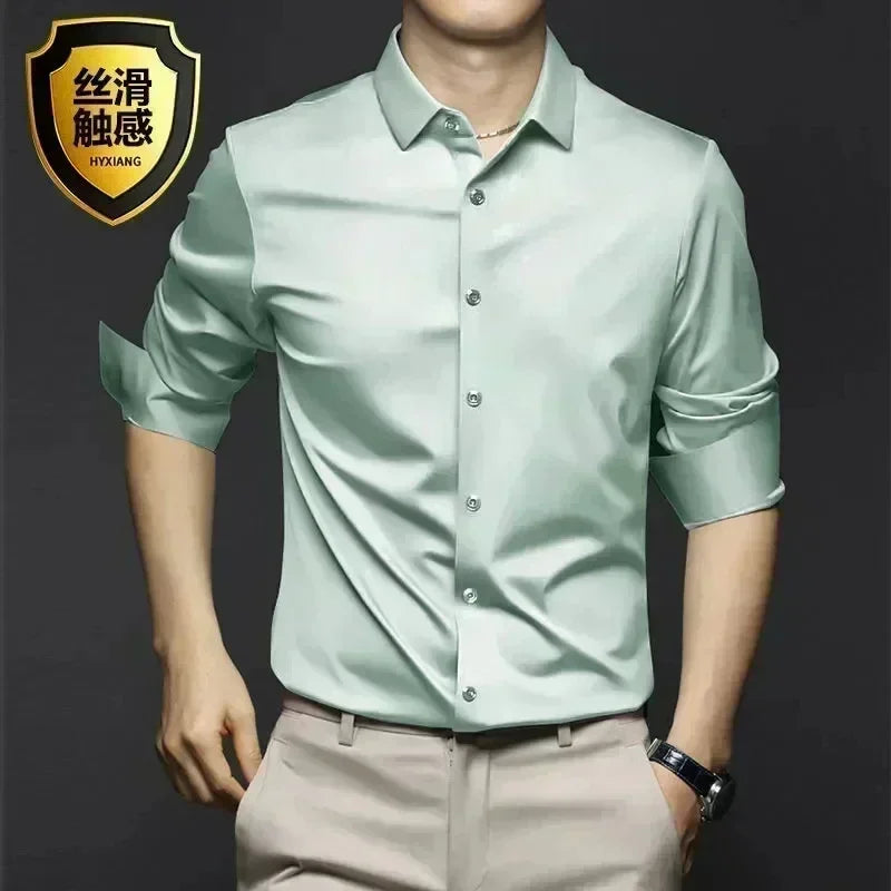 S-6XL Men's Long Sleeve Shirt Luxury Wrinkle Resistant Pure White Shirt Business Dress Casual Ice Silk Glossy Shirt