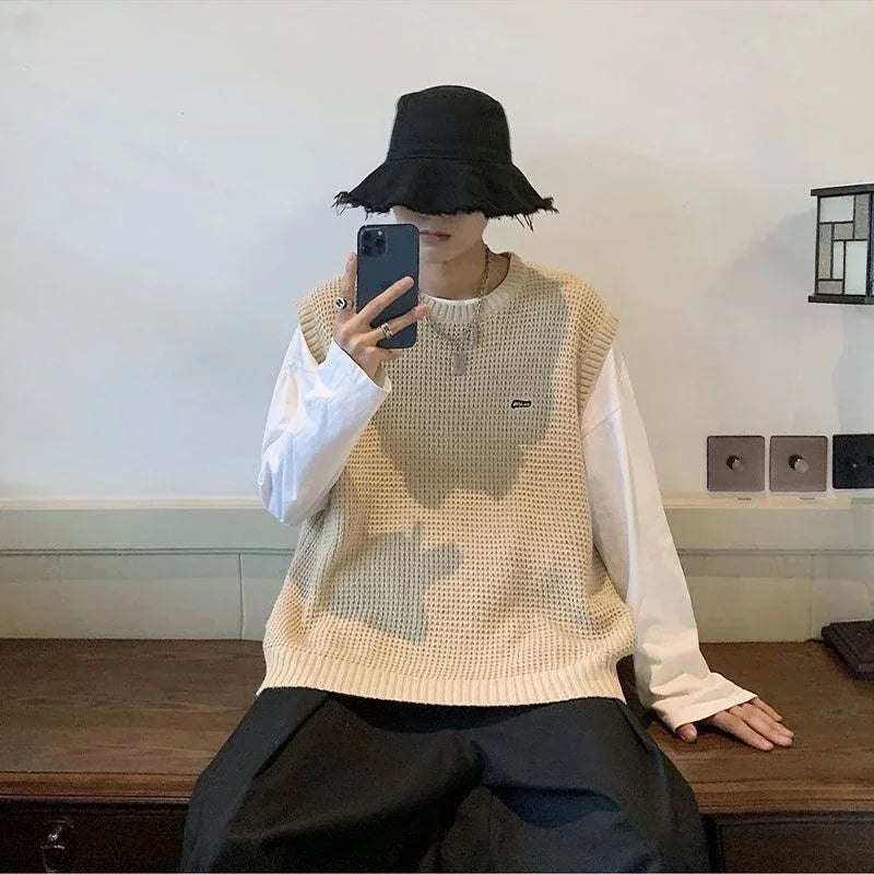 Knitted Sweaters for Men Hippie Black Vest Crewneck Man Clothes Waistcoat Round Collar Sleeveless Warm New in S Over Fit Knit X