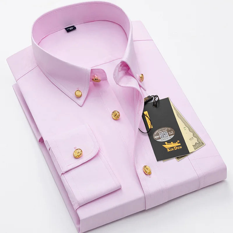 2026 Spring/Autumn New Men's Luxury Brass Button Long Sleeve Business Casual Shirt Ironing Resistant Office Work Shirts as Gift