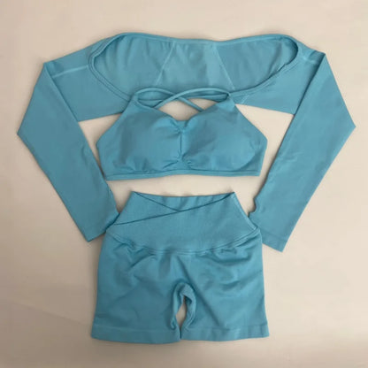 3 Pieces Women's High Stretch Gym Sportswear Shrug Sports Bra Shorts Set Comfortable Workout Yoga Active Wear Outfit