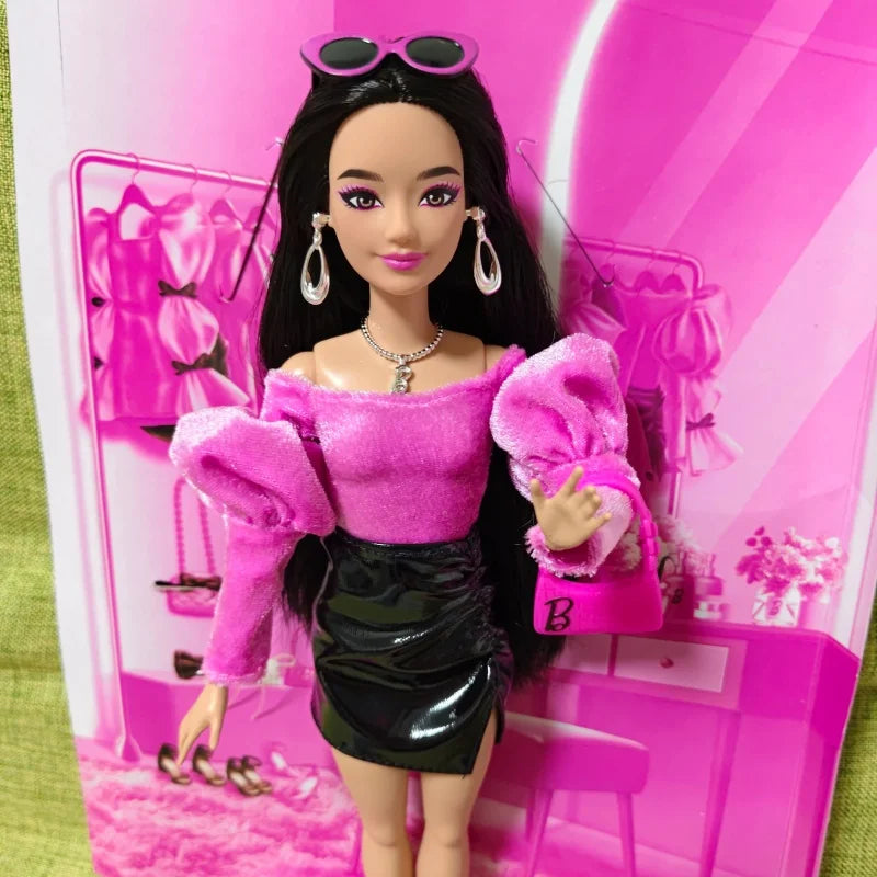 Genuine New Barbie Deluxe Fashion Doll Black Pink Shiny Lace Superstar Face Action Figure Fashion Series Collection Toy Gift