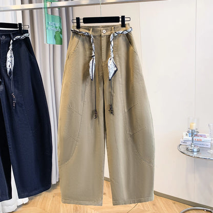 High Waist Loose Fit Casual Pants Autumn Winter plus Size Women's Fashion Slimming Wide Leg Trousers Scarf Belted Back Elastic