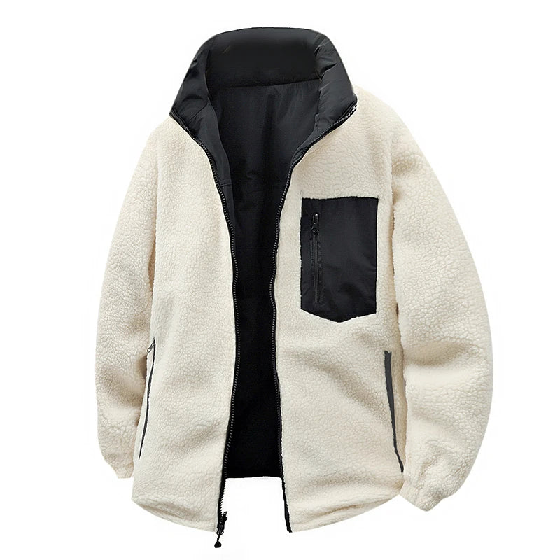 Outdoor Double-sided Lambskin Cotton-padded Jacket for Men, Winter Cotton-padded Jacket with Thickened Down and Lambskin Down