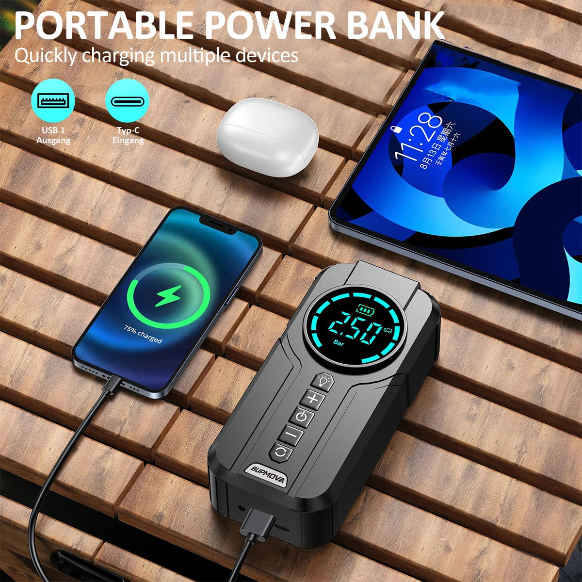 Car Jump Starter with Air Compressor Peak  Auto Battery Booster 150PSI Air Pump Portable Power Bank Tire Inflator Lighting
