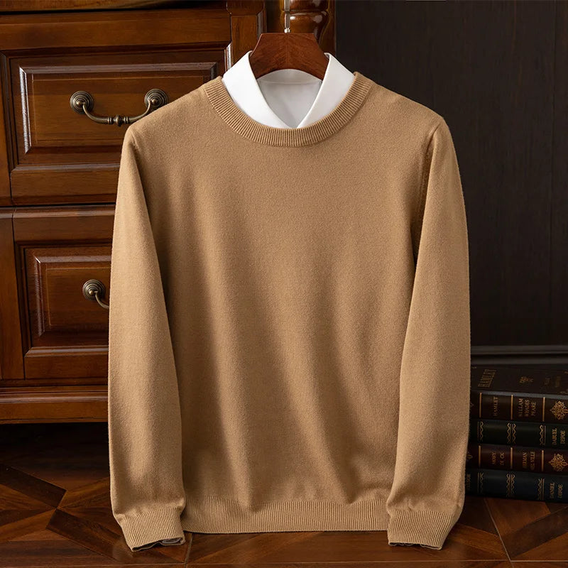 Autumn Winter Men's O-Neck Merino Wool Sweater New Versatile Basic Cashmere Pullover Casual Business Knitwear Sweater