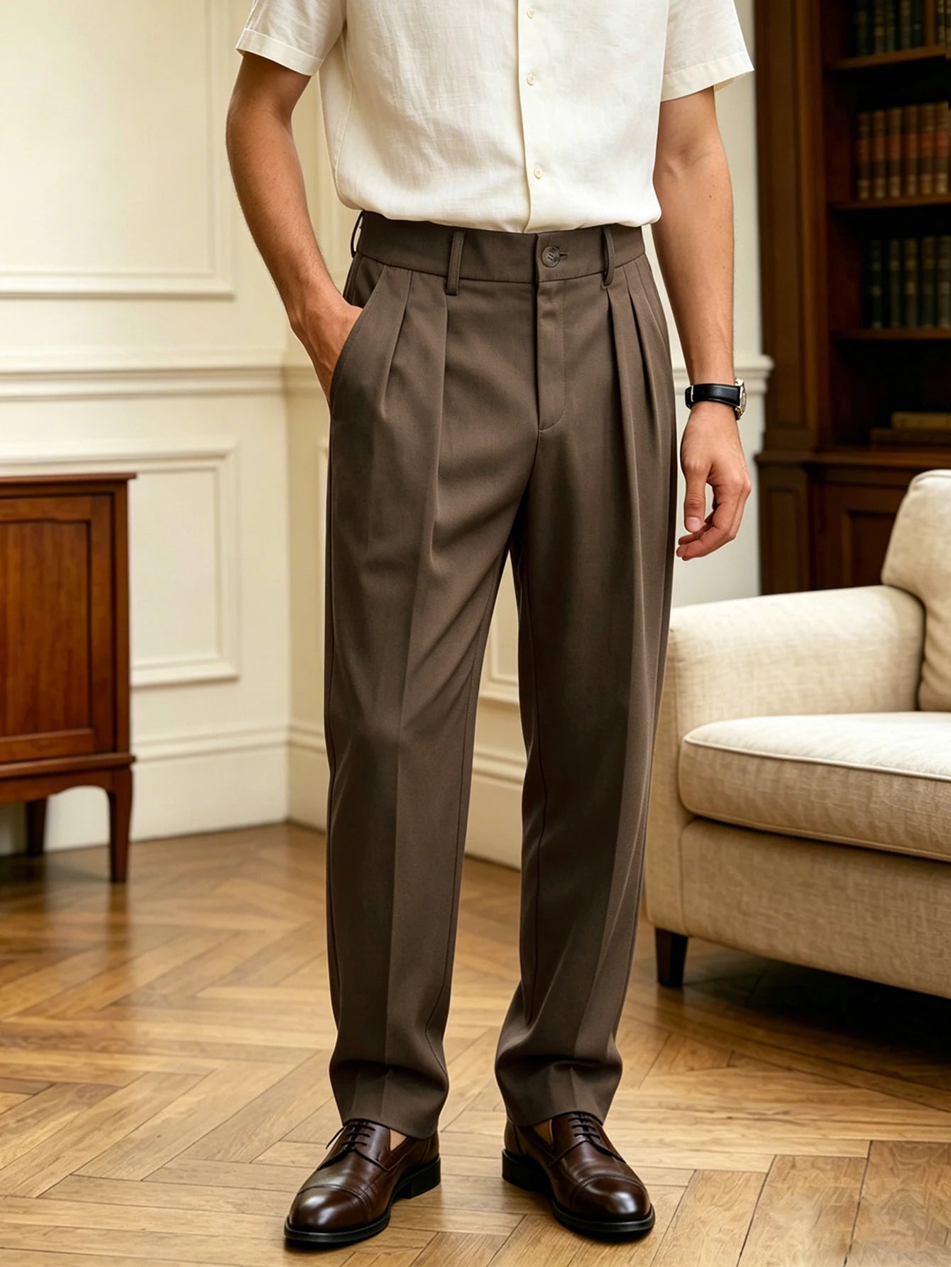 New Italian Naples Style Pleated High Waist Dress Pants, Solid Color Button Business Casual Trousers for Men