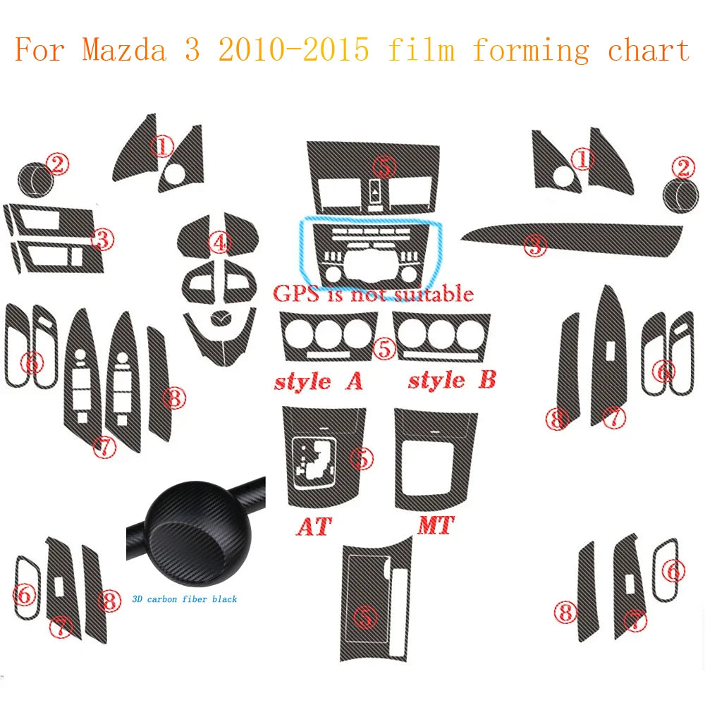 For Mazda 3 2010-2015 Interior Central Control Panel Door Handle Carbon Fiber Stickers Decals Car styling Accessorie