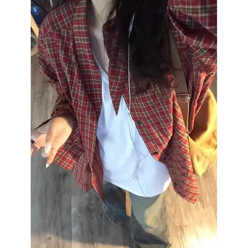 Red Plaid Loose Long Sve irt Women's Spring 2026 New Lazy Sle Coat Top Commute Pattern Button oulder Drop Length